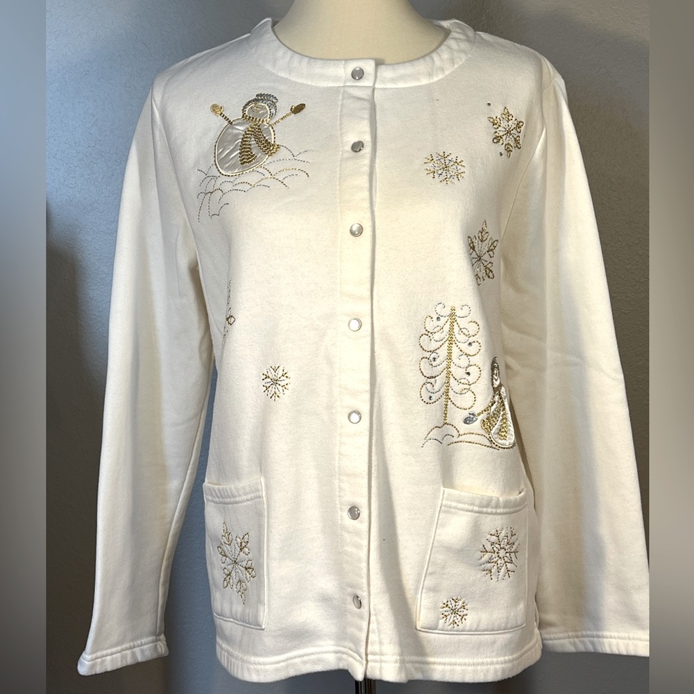 Breckenridge Woman’s L Sweatshirt Cardingan Pearl Snap Winter White Snowmen